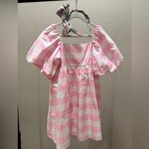 Janie and Jack Pink and White Checkered Dress with Puff Sleeves